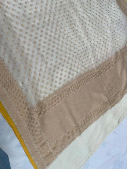 handwoven andtique zari allover buti white dupatta with a yellow selvage