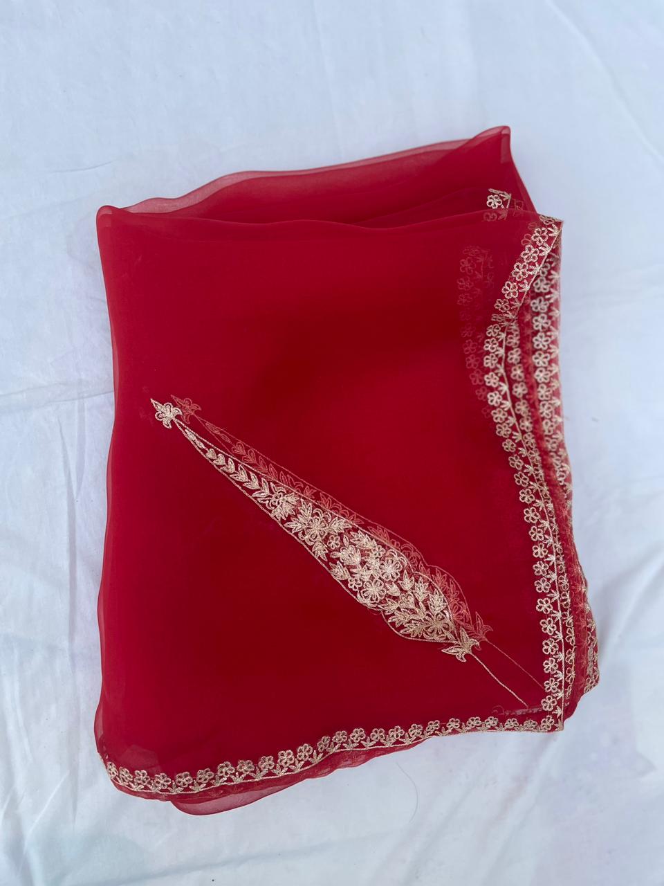 Red Organza Banarasi Dupatta with Koniya