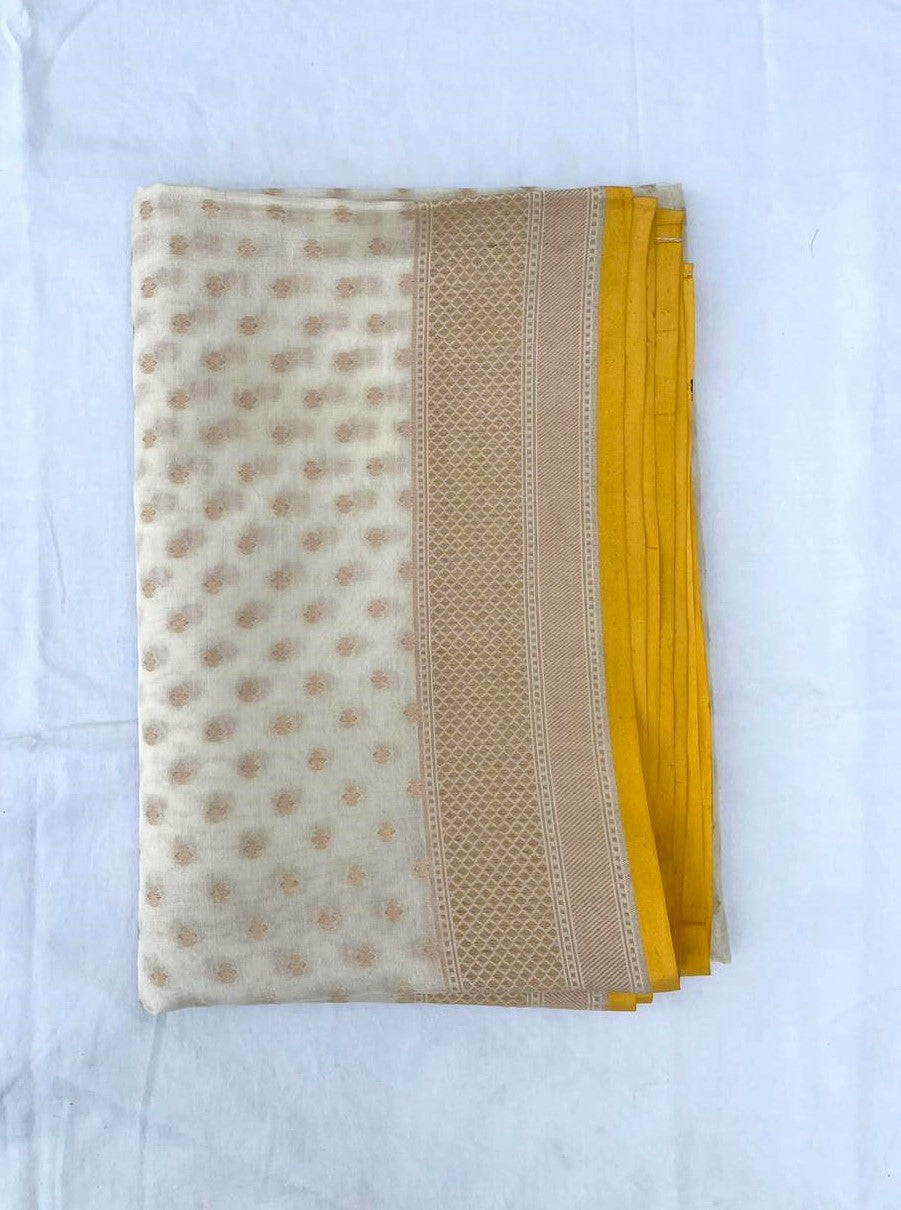 handwoven andtique zari allover buti white dupatta with a yellow selvage
