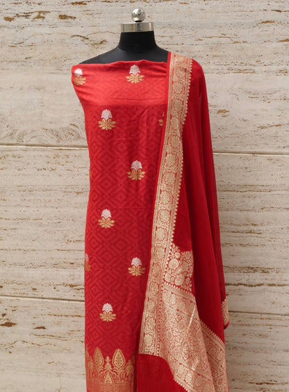 Red Munga Silk Unstitched Suit Fabric