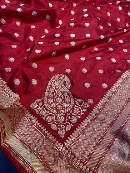 Red Handwoven Pure Kataan Silk Koniya Buti Banarasi Saree