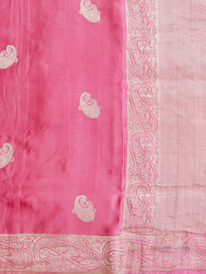 Pink Handloom Satin Silk Kadhua Butidar Banarasi Saree