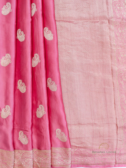 Pink Handloom Satin Silk Kadhua Butidar Banarasi Saree