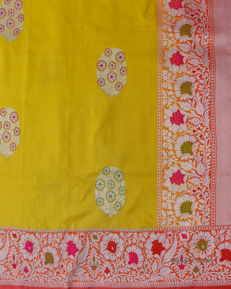 Yellow Floral Satin Silk Kadhua Meenakari  Banarasi Saree