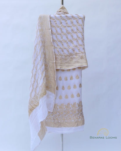 White Handwoven Georgette Banarasi Suit Set