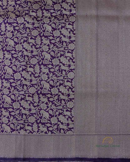 Handwoven Aubergine Pure Silk Banarasi Shikargah Saree