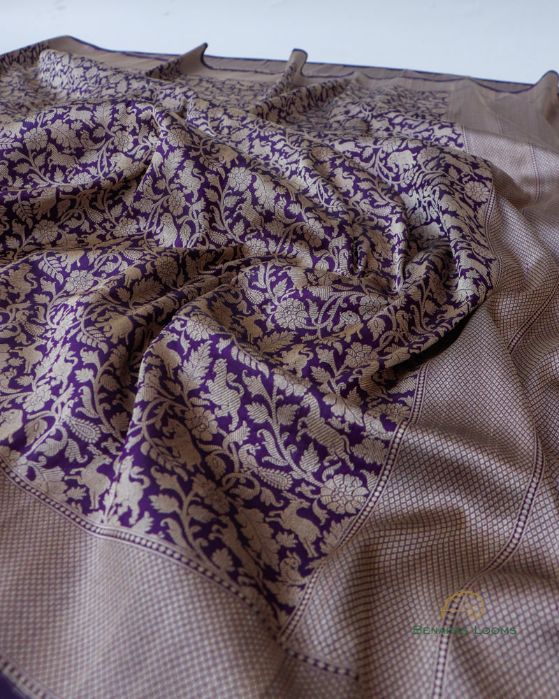 Purple Handloom Kataan Silk Shikargah Kadhua Jangla Banarasi Saree