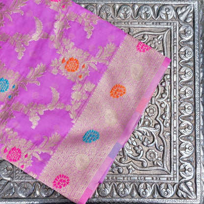 Lilac Meena Floral Jaal Organza Banarasi Saree with Meenakari Border