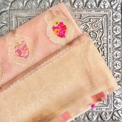 Millenial Pink Buti Organza Banarasi Saree with Meenakari