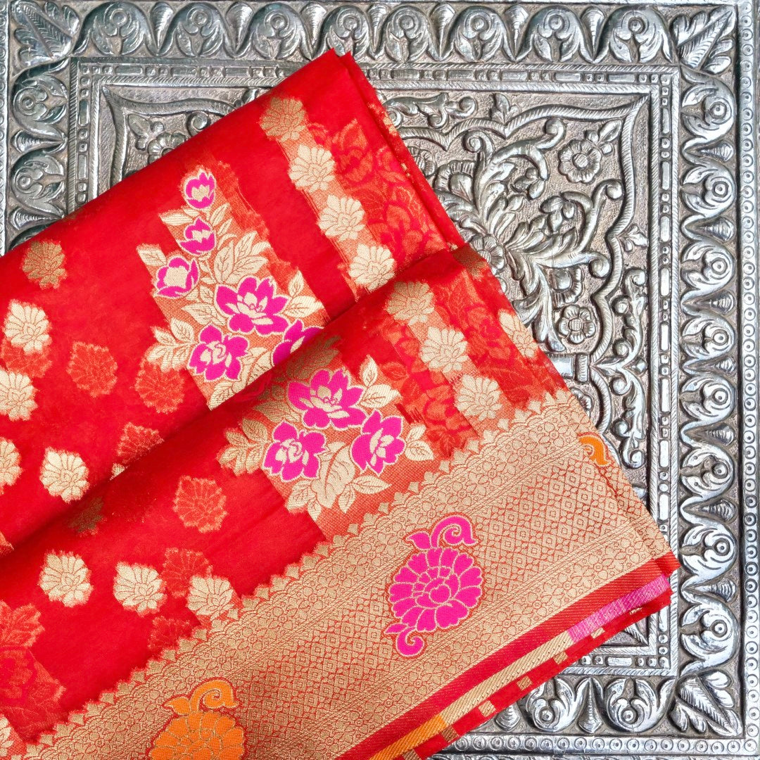 Red Floral Bunch Organza Banarasi Saree with Butis