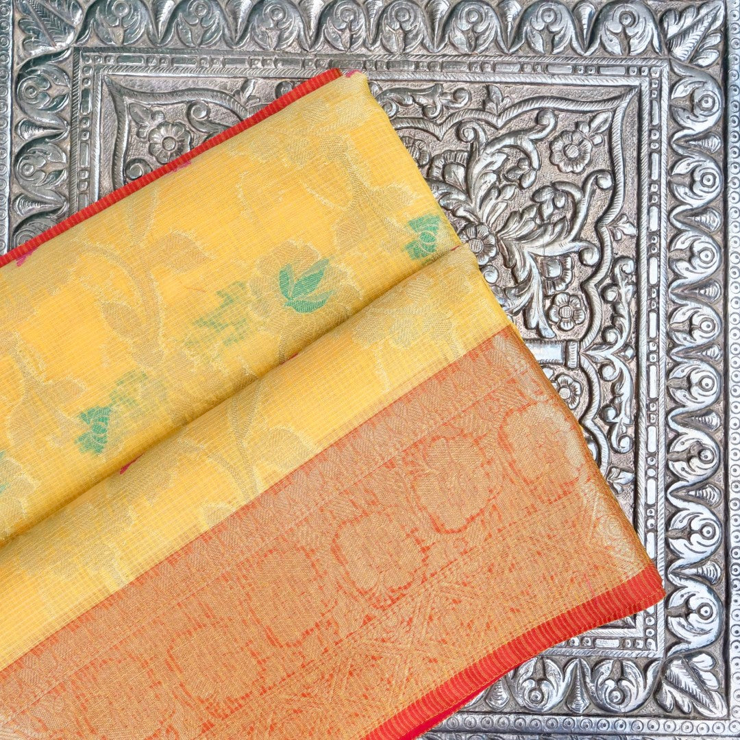 Kota Check Yellow Jaal Woven Banarasi Saree