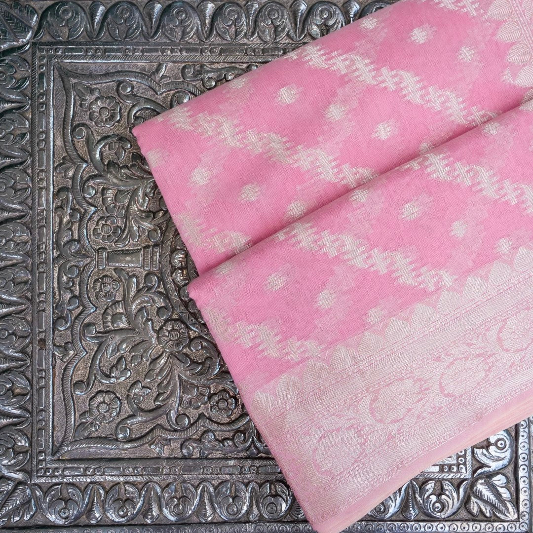 Light Pink Cotton Adha Jaal Pattern Woven Banarasi Saree