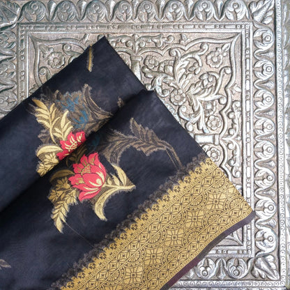 Black Floral Butas Organza Banarasi Saree with Meenakari