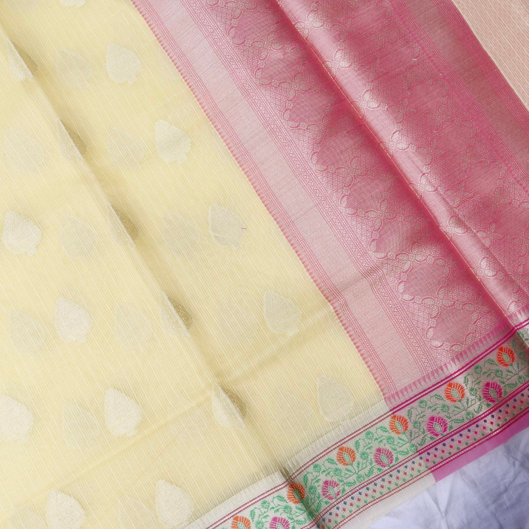 Kota Cotton Lemon Yellow Buta Woven Banarasi Saree with Paithani Border