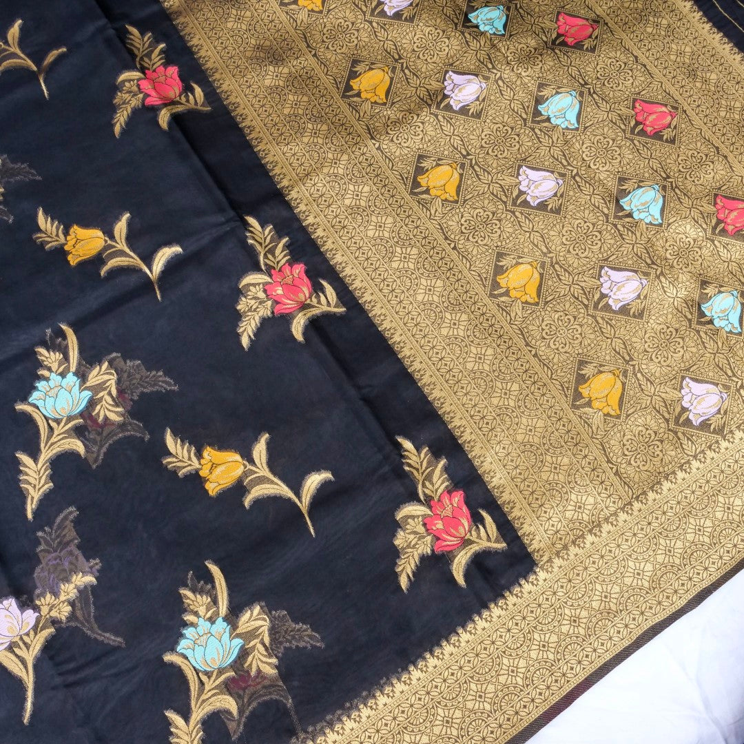 Black Floral Butas Organza Banarasi Saree with Meenakari