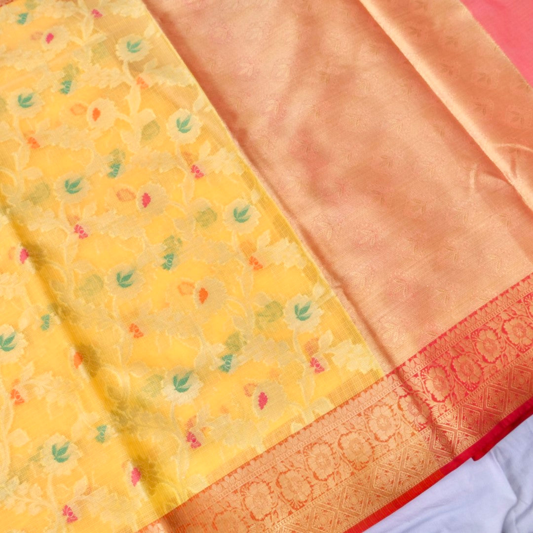 Kota Check Yellow Jaal Woven Banarasi Saree