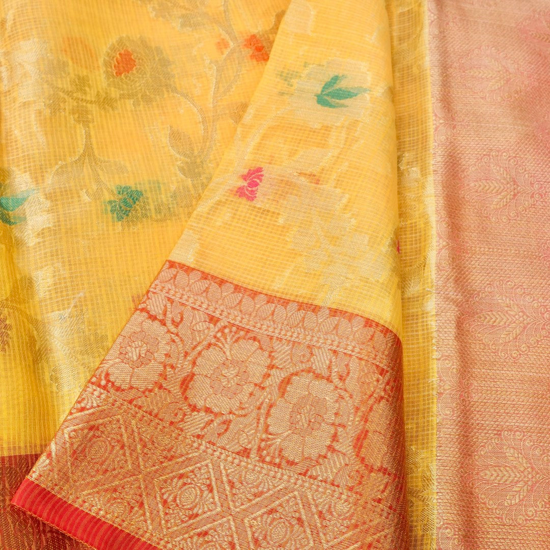 Kota Check Yellow Jaal Woven Banarasi Saree