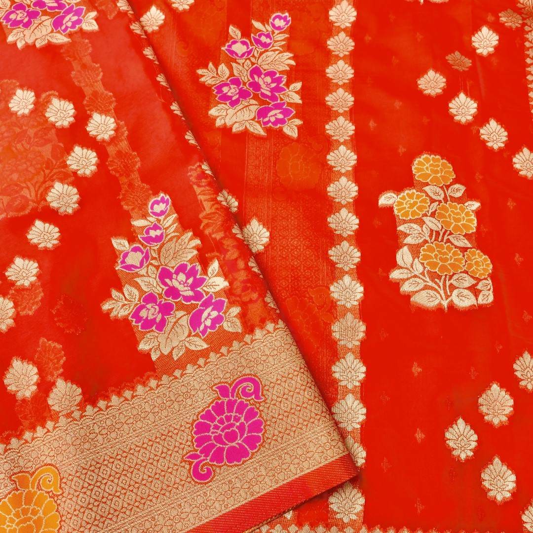 Red Floral Bunch Organza Banarasi Saree with Butis