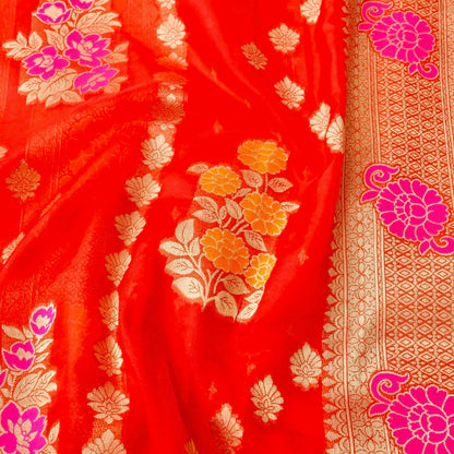 Red Floral Bunch Organza Banarasi Saree with Butis