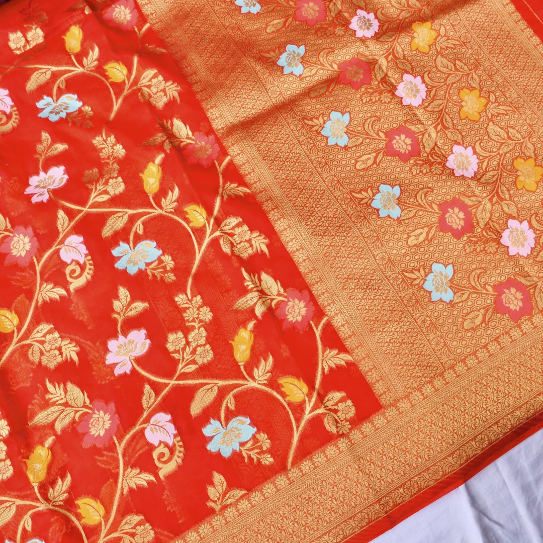 Red Floral Jaal Organza Banarasi Saree with Meenakari