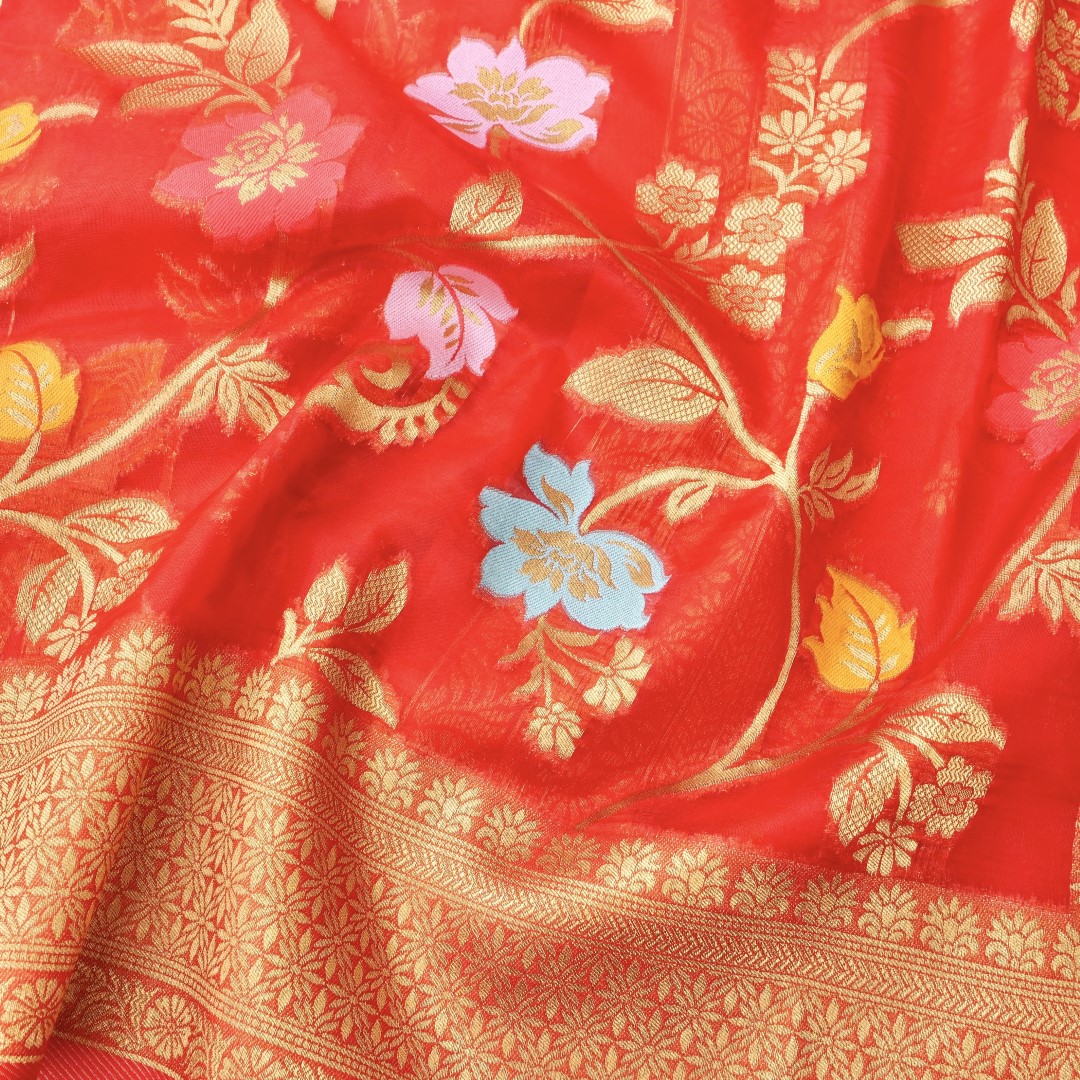 Red Floral Jaal Organza Banarasi Saree with Meenakari