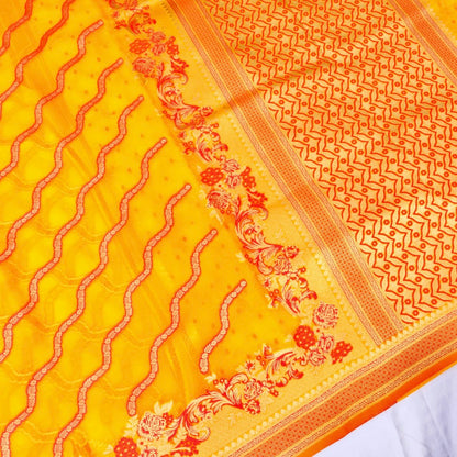 Yellow Adha Jaal Organza Banarasi Saree with Red Meenakari