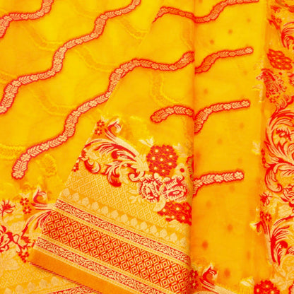 Yellow Adha Jaal Organza Banarasi Saree with Red Meenakari