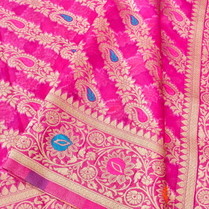 Pink Meena Floral Adha Jaal Organza Banarasi Saree with Meenakari