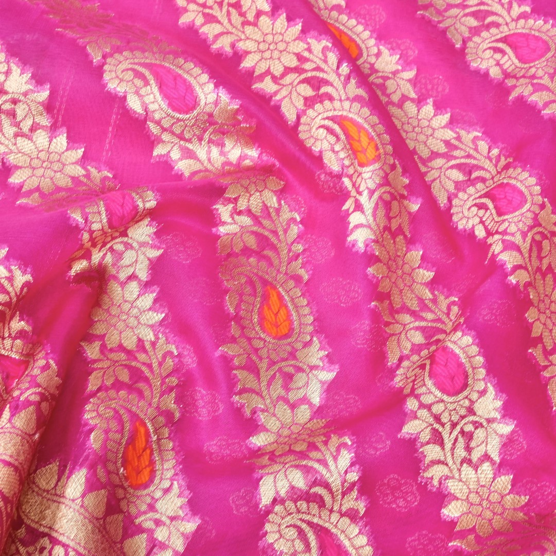 Pink Meena Floral Adha Jaal Organza Banarasi Saree with Meenakari