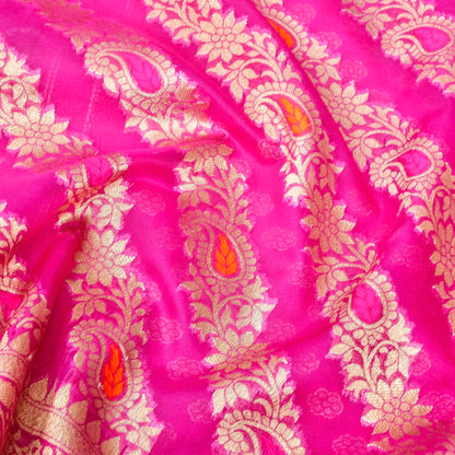 Pink Meena Floral Adha Jaal Organza Banarasi Saree with Meenakari