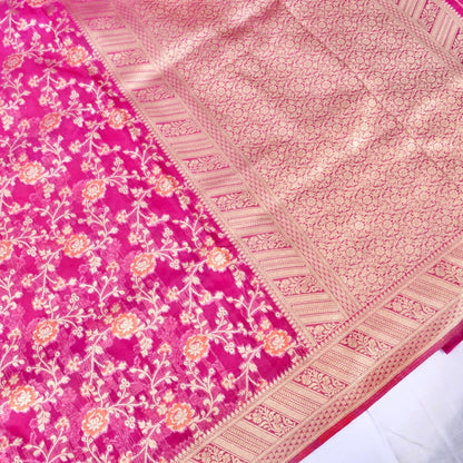 Wine Floral Jaal Organza Banarasi Saree with Meenakari