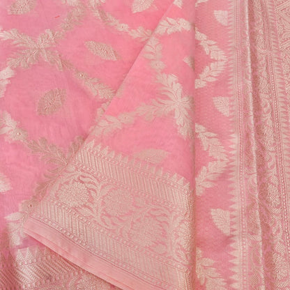 Light Pink Cotton Floral Jaal Pattern Woven Banarasi Saree