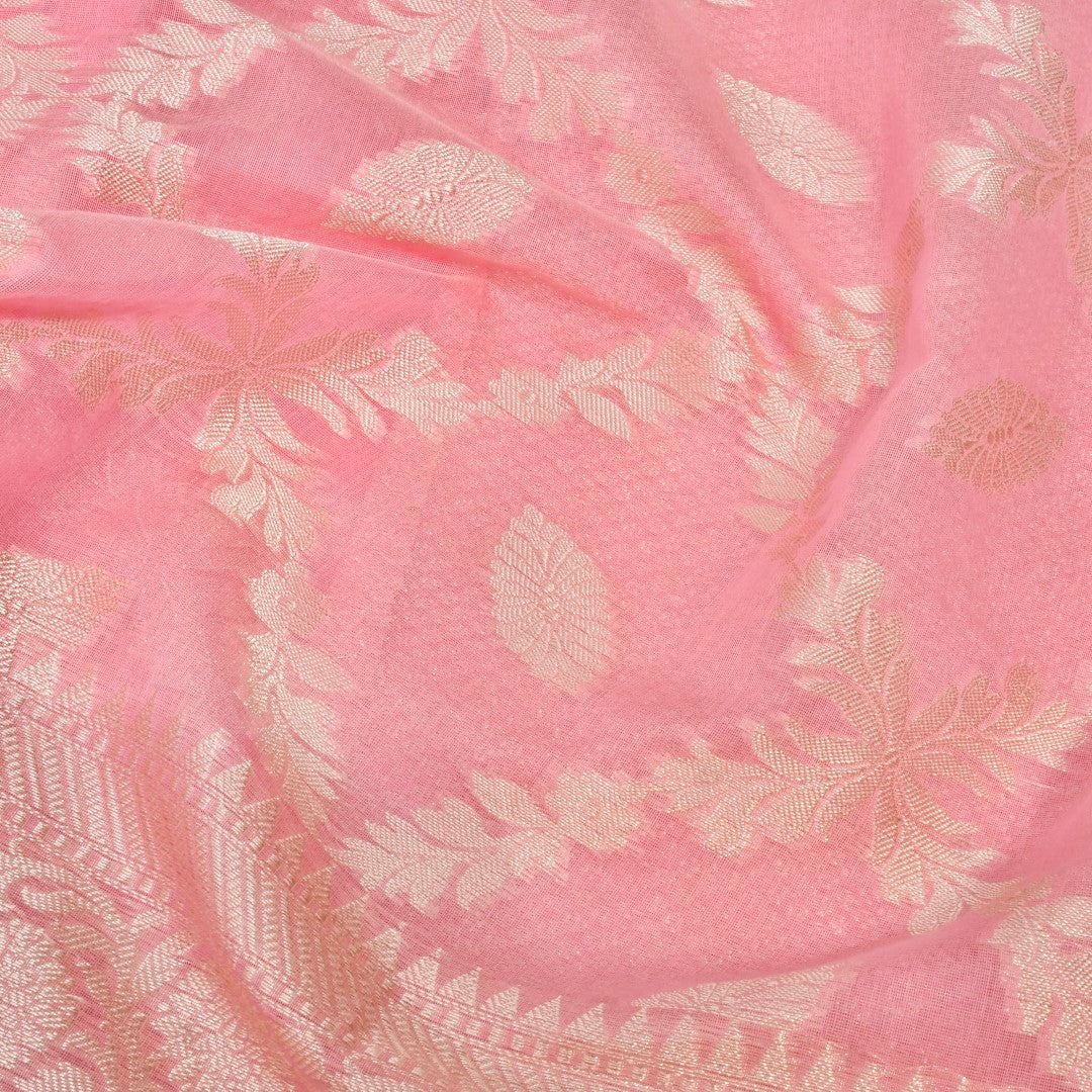 Light Pink Cotton Floral Jaal Pattern Woven Banarasi Saree