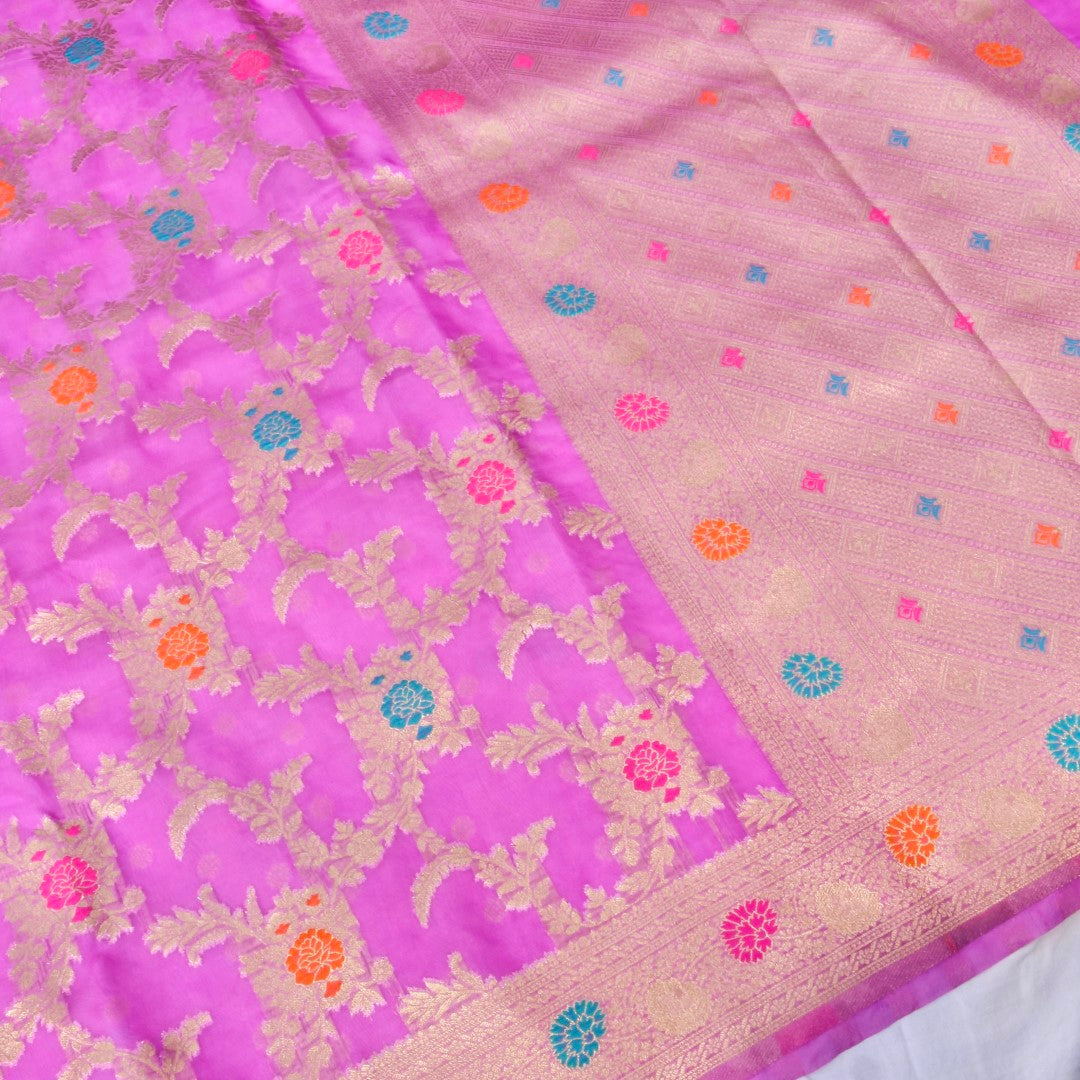 Lilac Meena Floral Jaal Organza Banarasi Saree with Meenakari Border