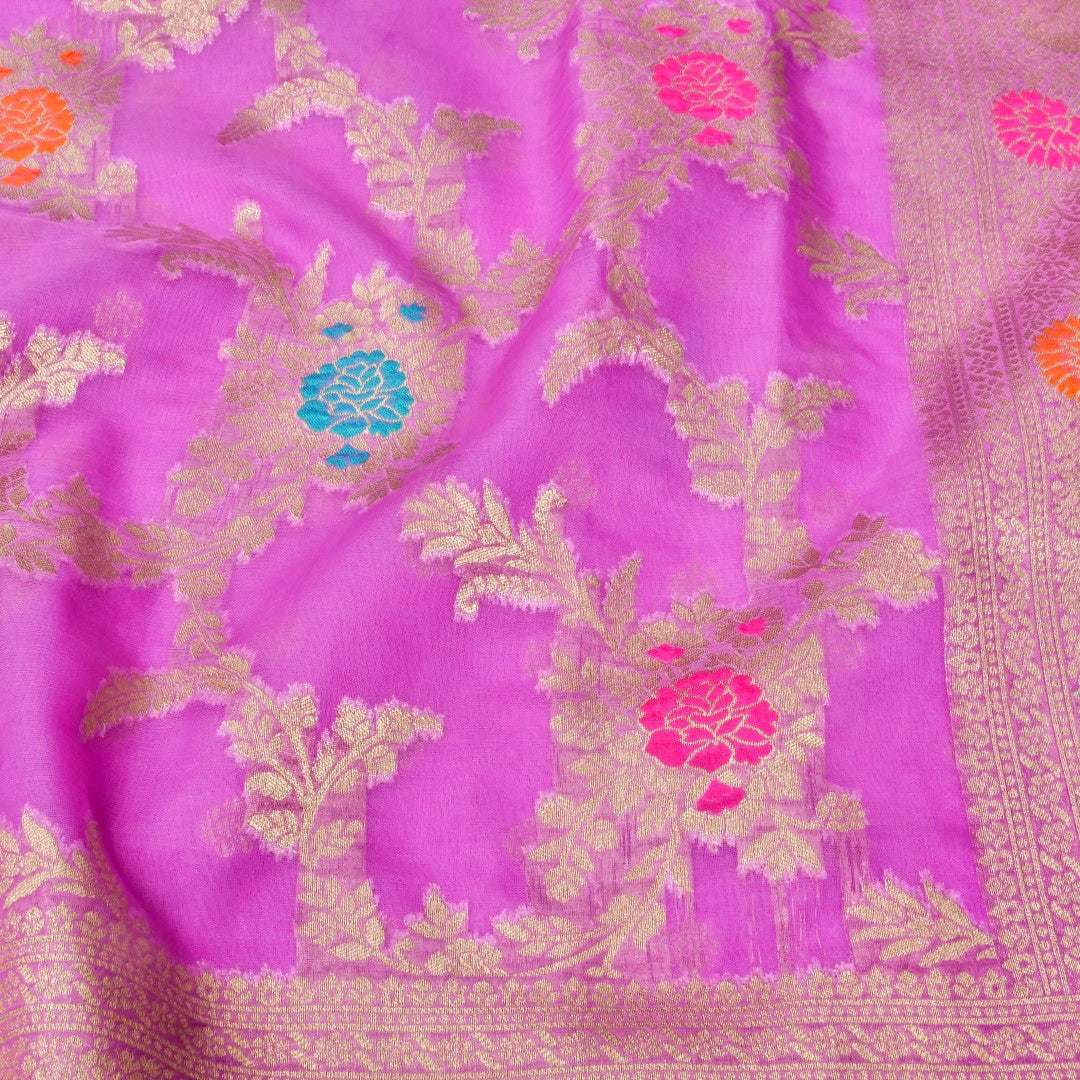Lilac Meena Floral Jaal Organza Banarasi Saree with Meenakari Border