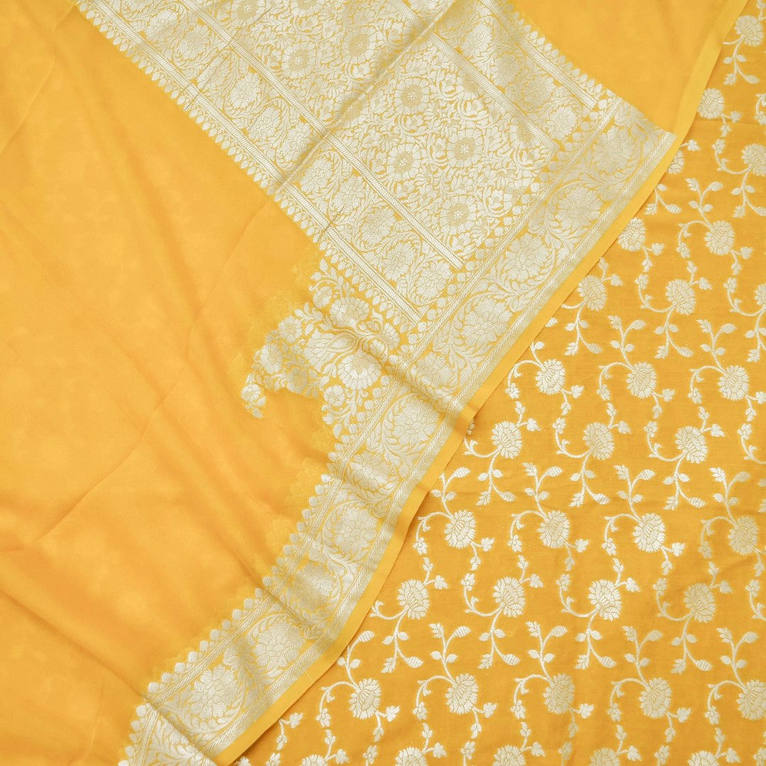 Yellow Munga Silk Unstitched Banarasi Suit Fabric