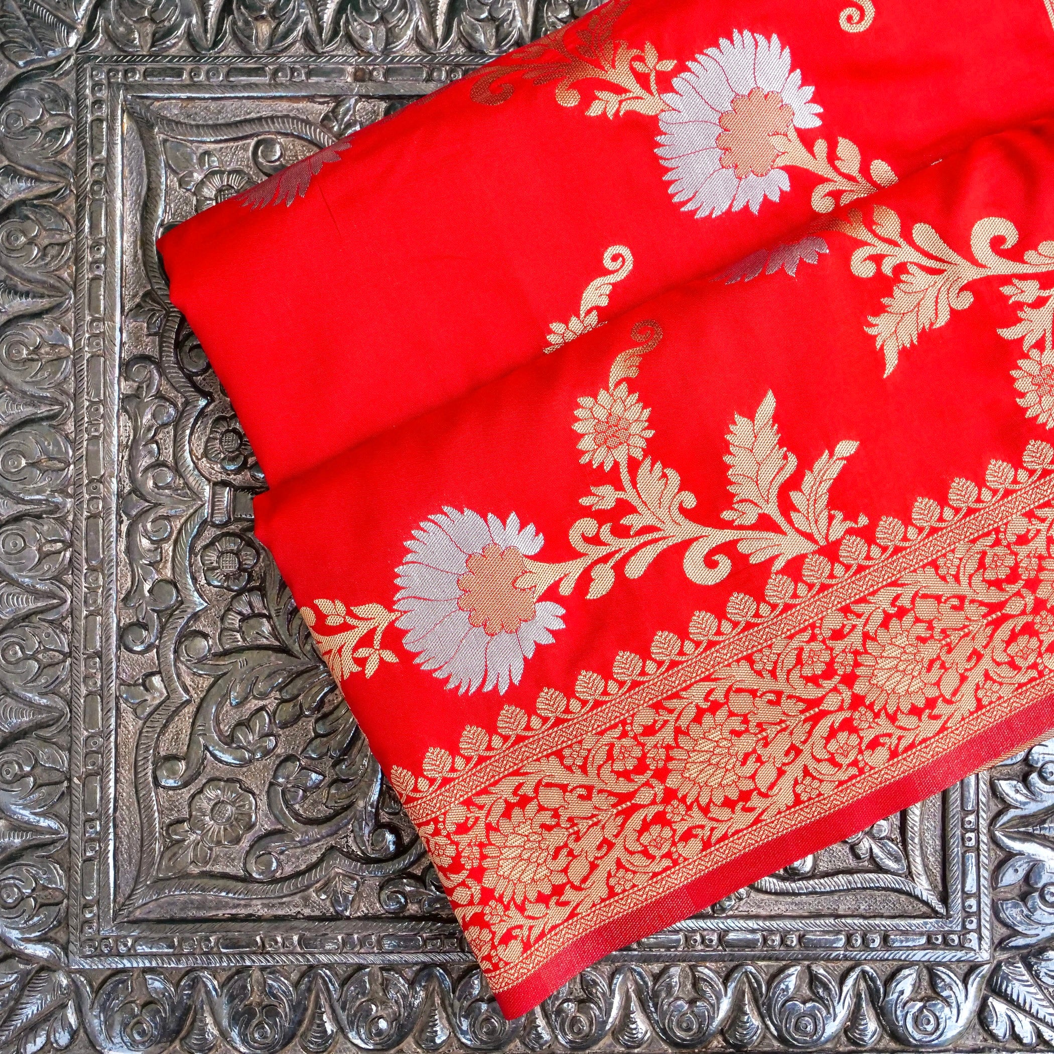 Red Banarasi Silk Saree with Zari Floral Jaal