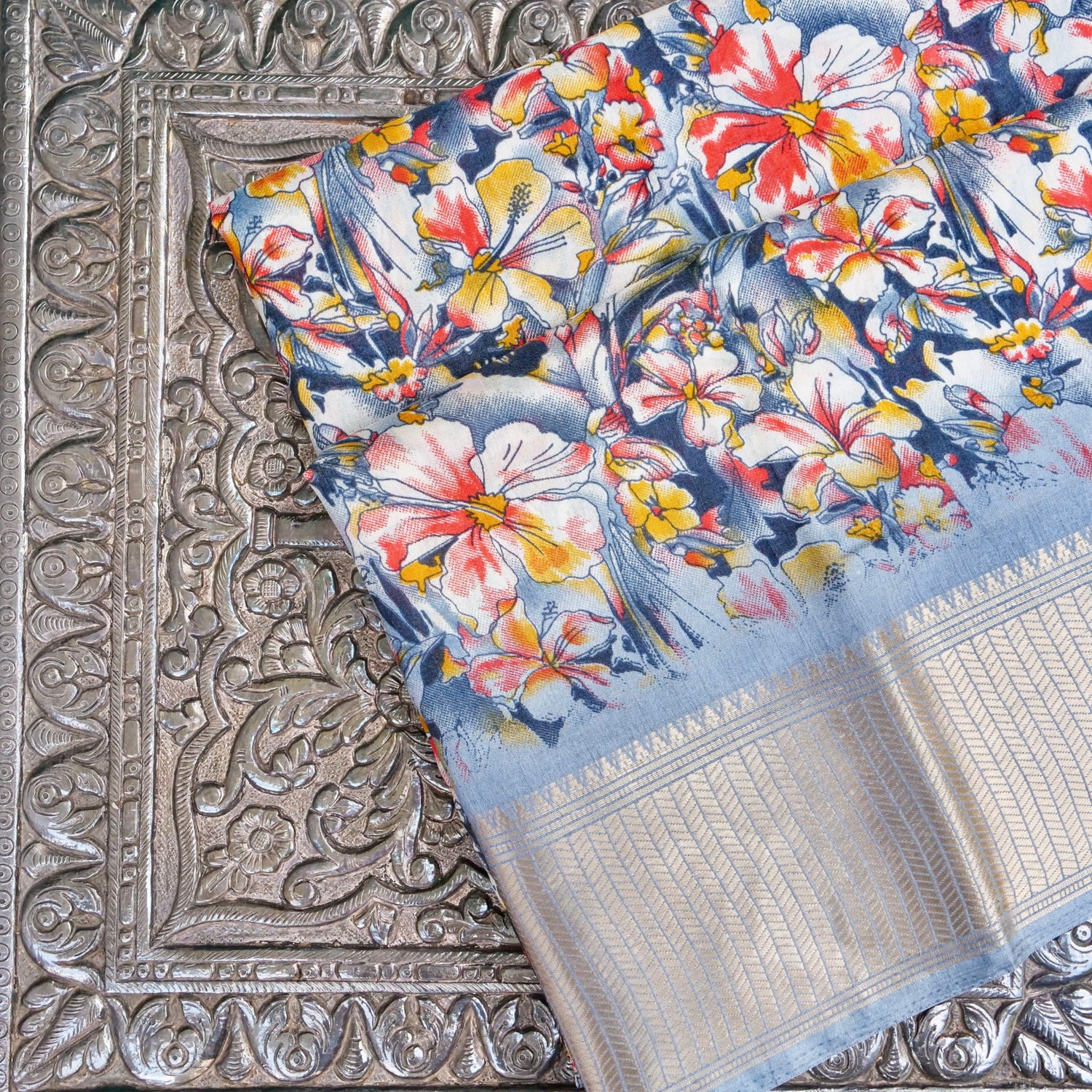 Grey Tussar Silk Floral Digital Print Banarasi Saree