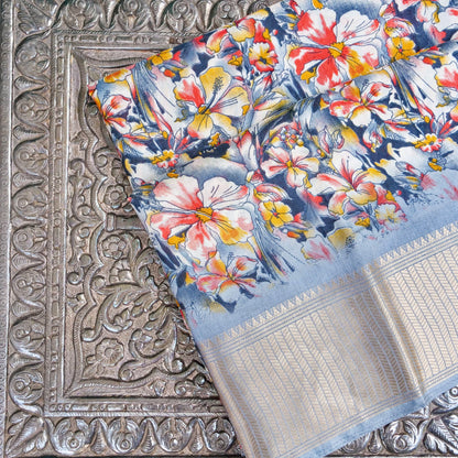 Grey Tussar Silk Floral Digital Print Banarasi Saree