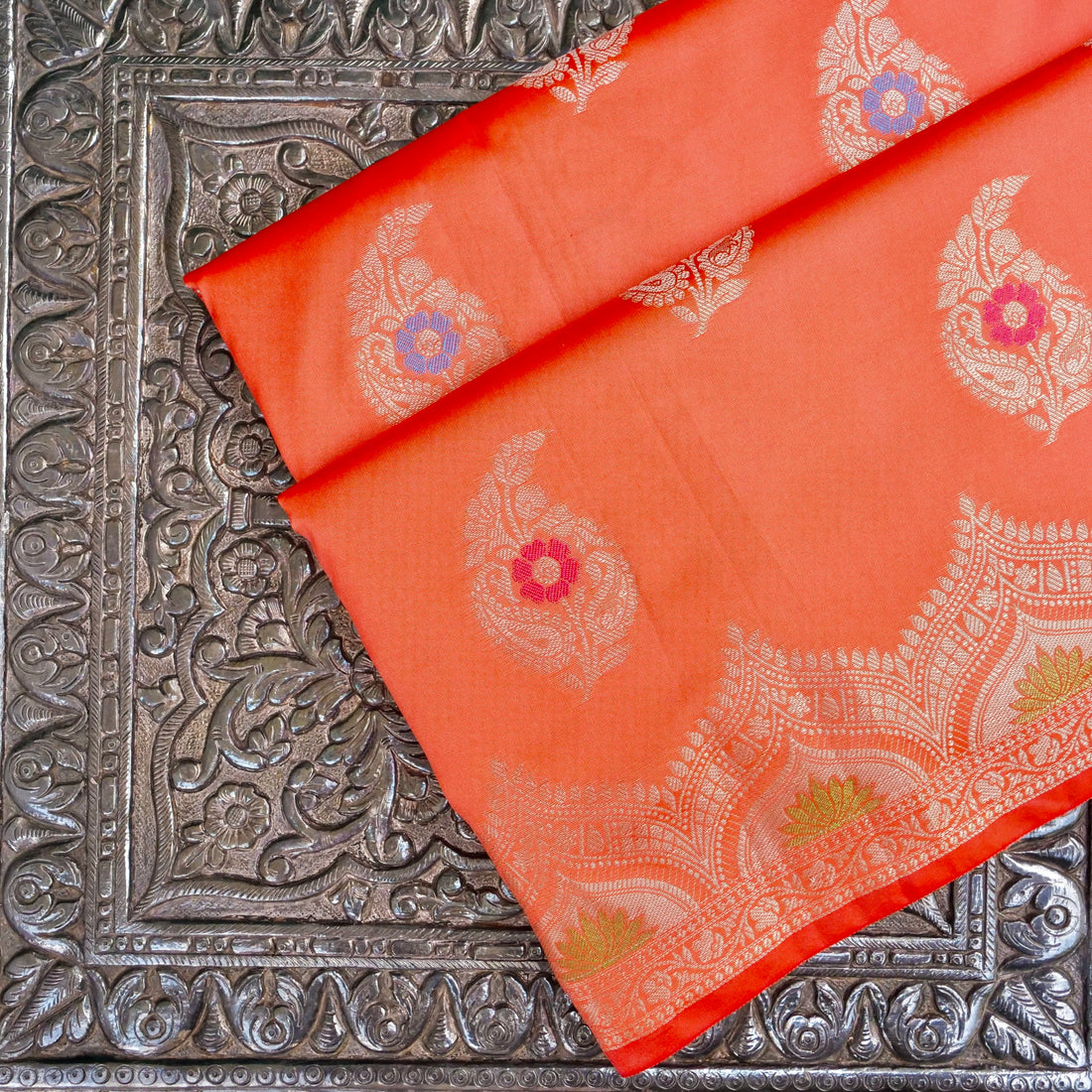 Peach Blue Butidar Banarasi Saree with Meenakari