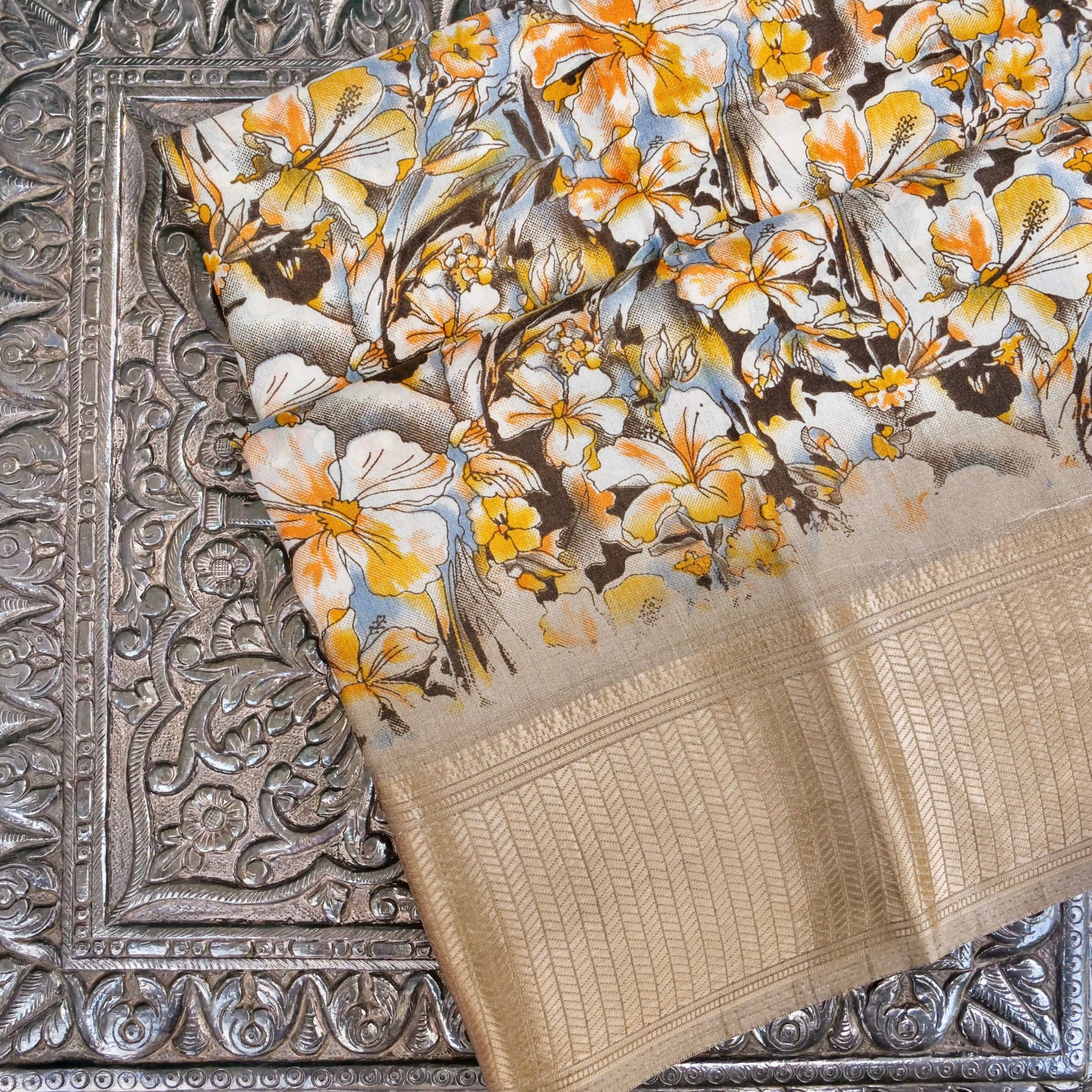 Beige Tussar Silk Floral Digital Print Banarasi Saree