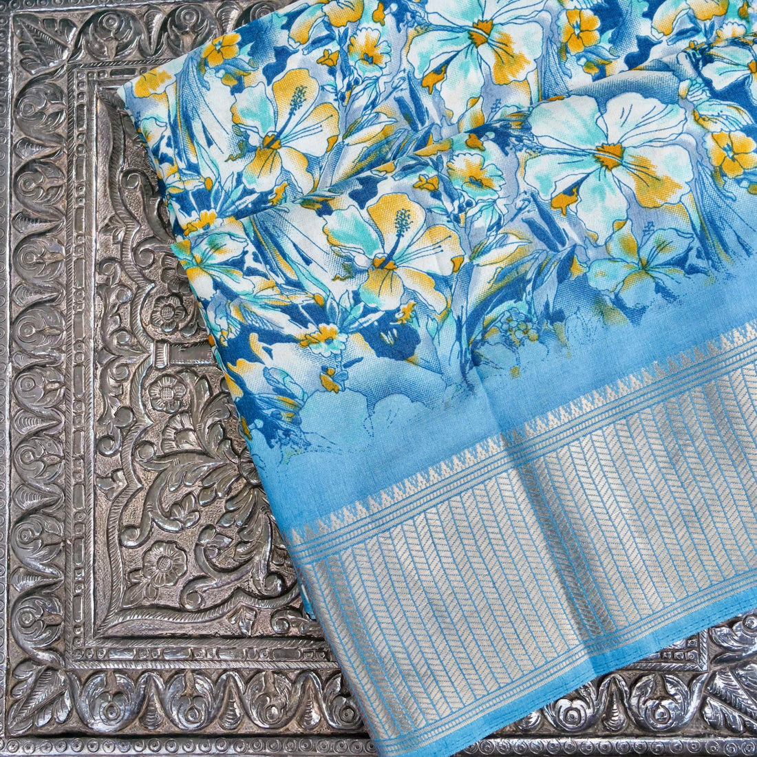 Blue Tussar Silk Floral Digital Print Banarasi Saree