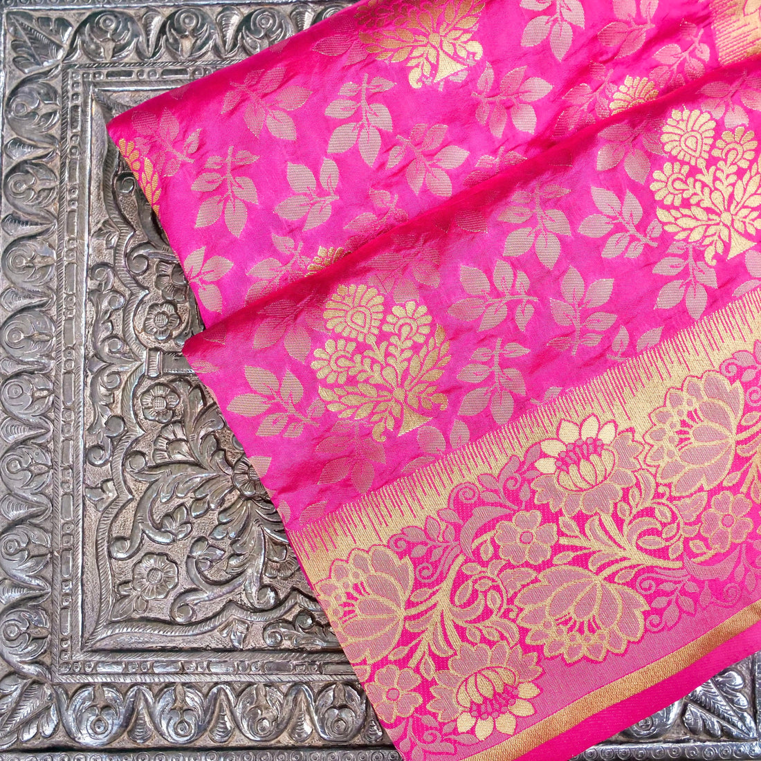 Pink Tanchoi Banarasi Saree with Floral Butas
