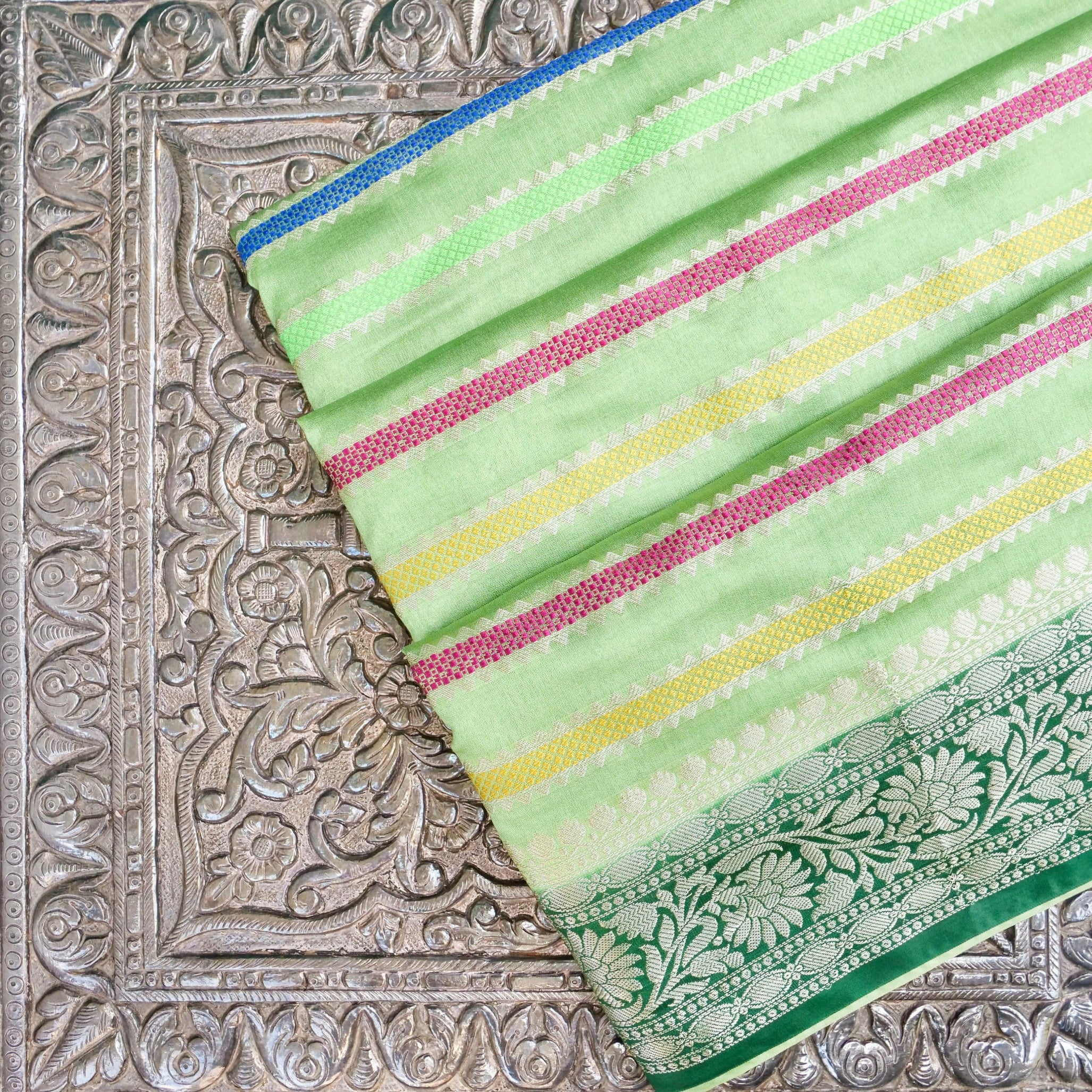 Green Raw Mango Silk Meena Striped Saree