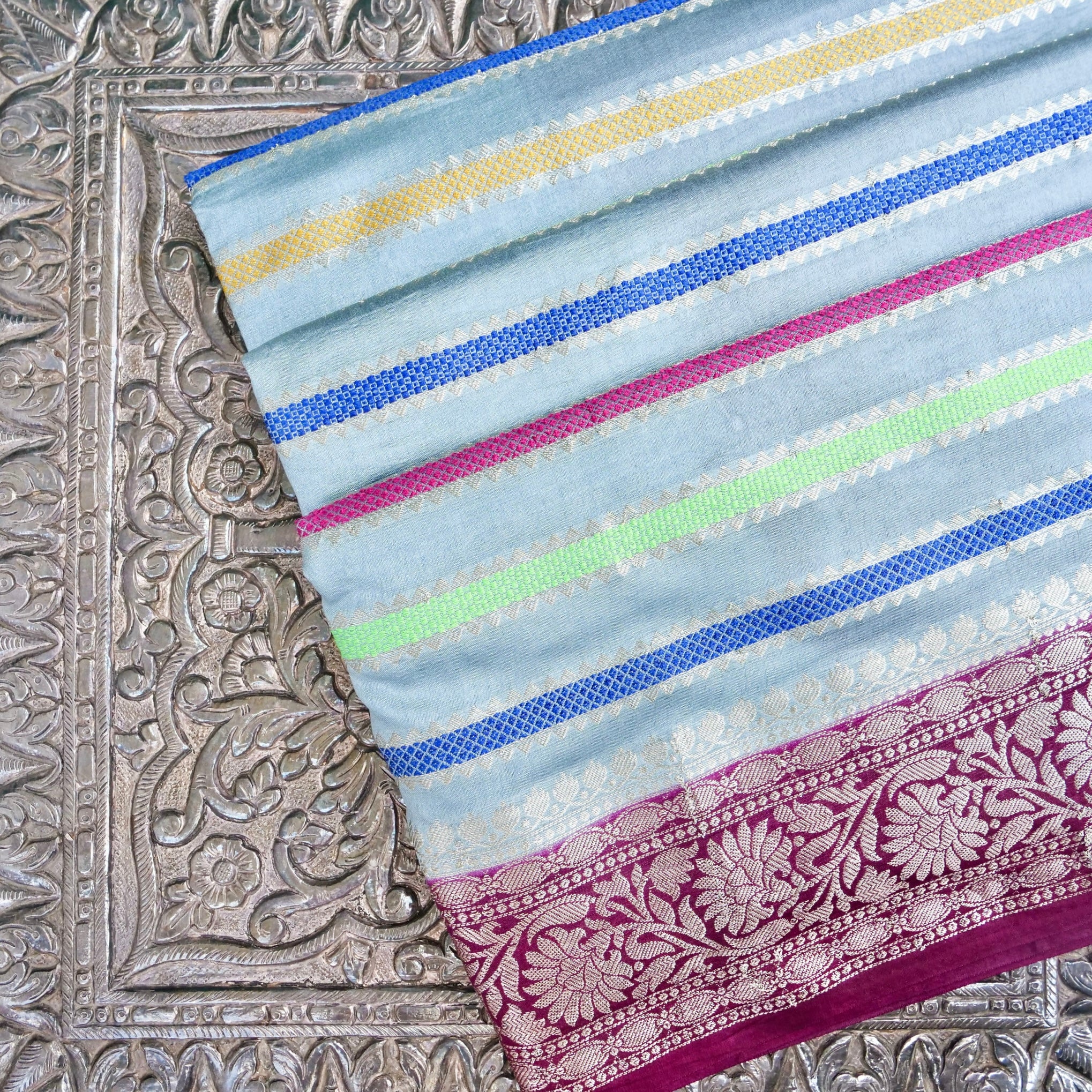 Grey Raw Mango Silk Meena Striped Saree