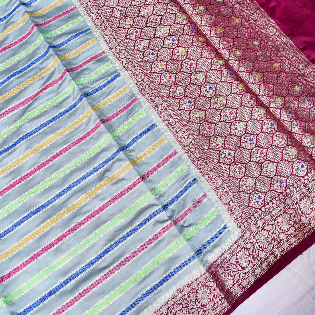 Grey Raw Mango Silk Meena Striped Saree