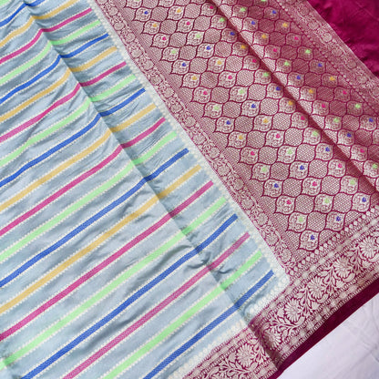 Grey Raw Mango Silk Meena Striped Saree