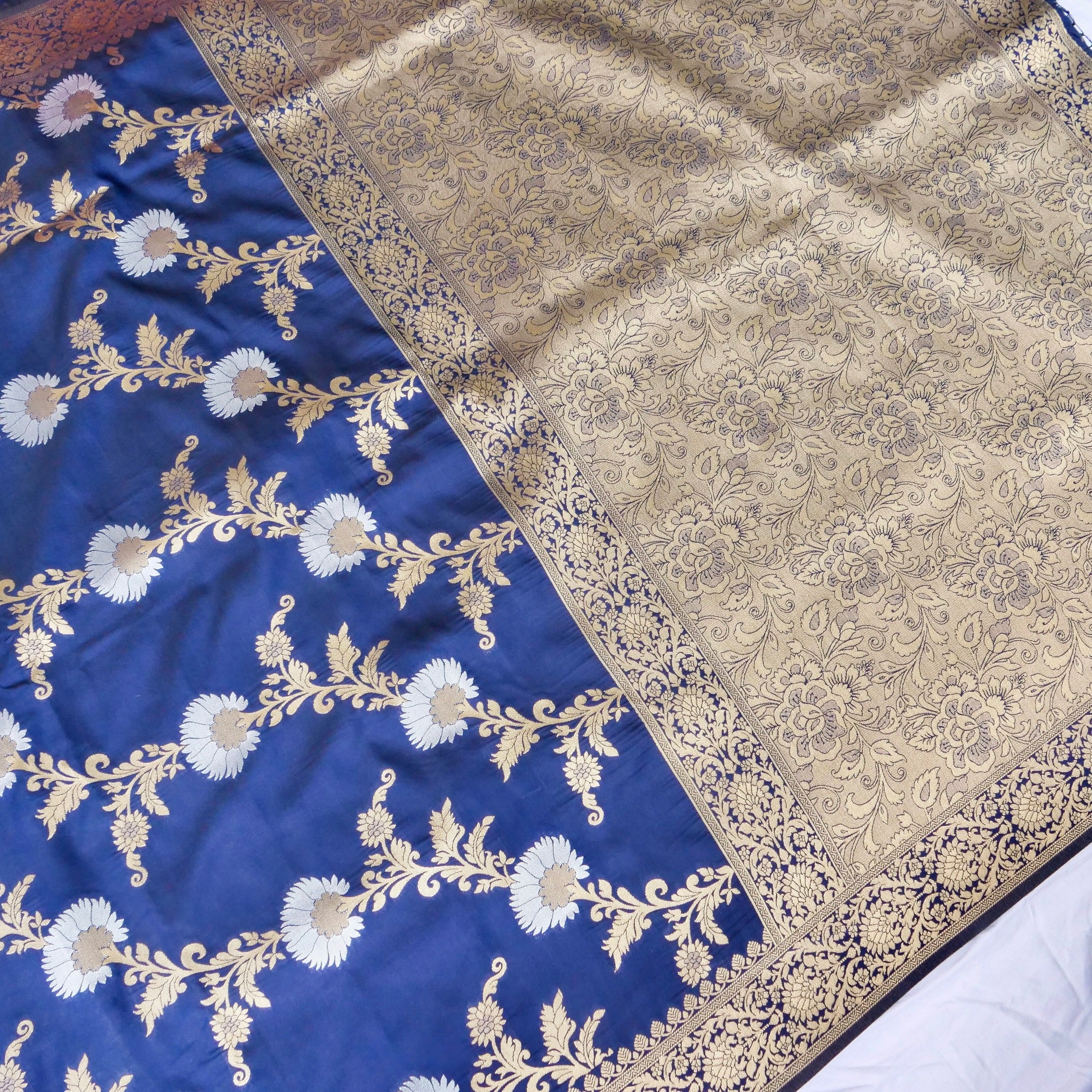 Blue Banarasi Silk Saree with Zari Floral Jaal