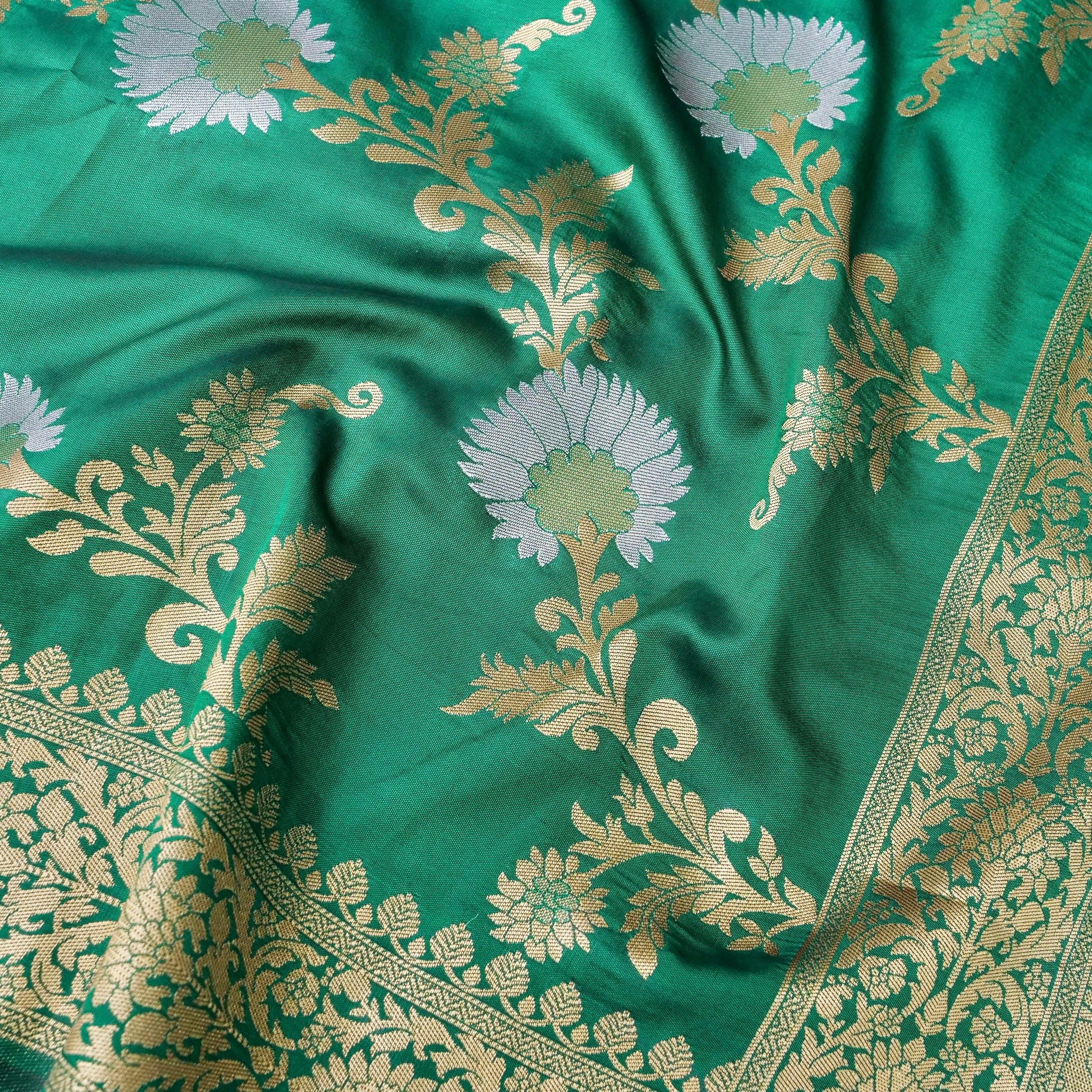 Green Banarasi Silk Saree with Zari Floral Jaal