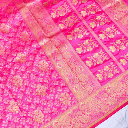 Pink Tanchoi Banarasi Saree with Floral Butas